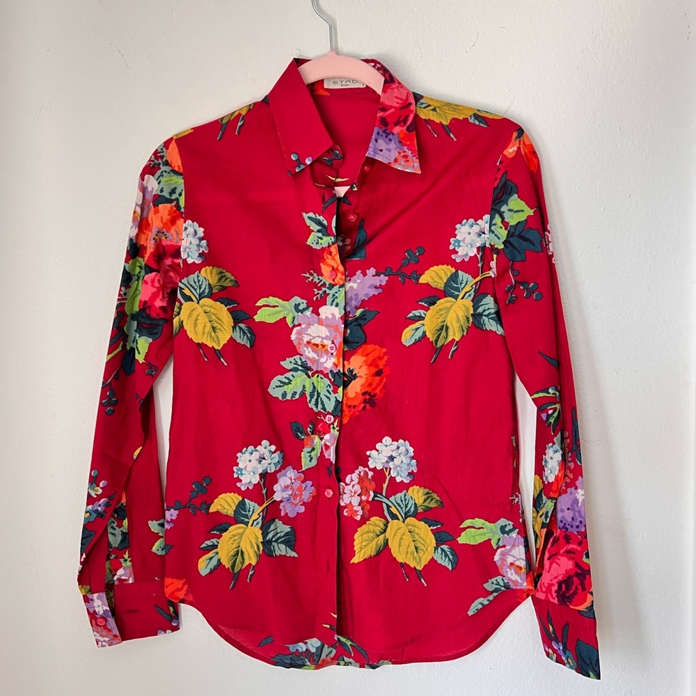Etro Red Floral 100% Cotton Long Sleeves Lightweight Button Down Collared Top 40 - Picture 1 of 8